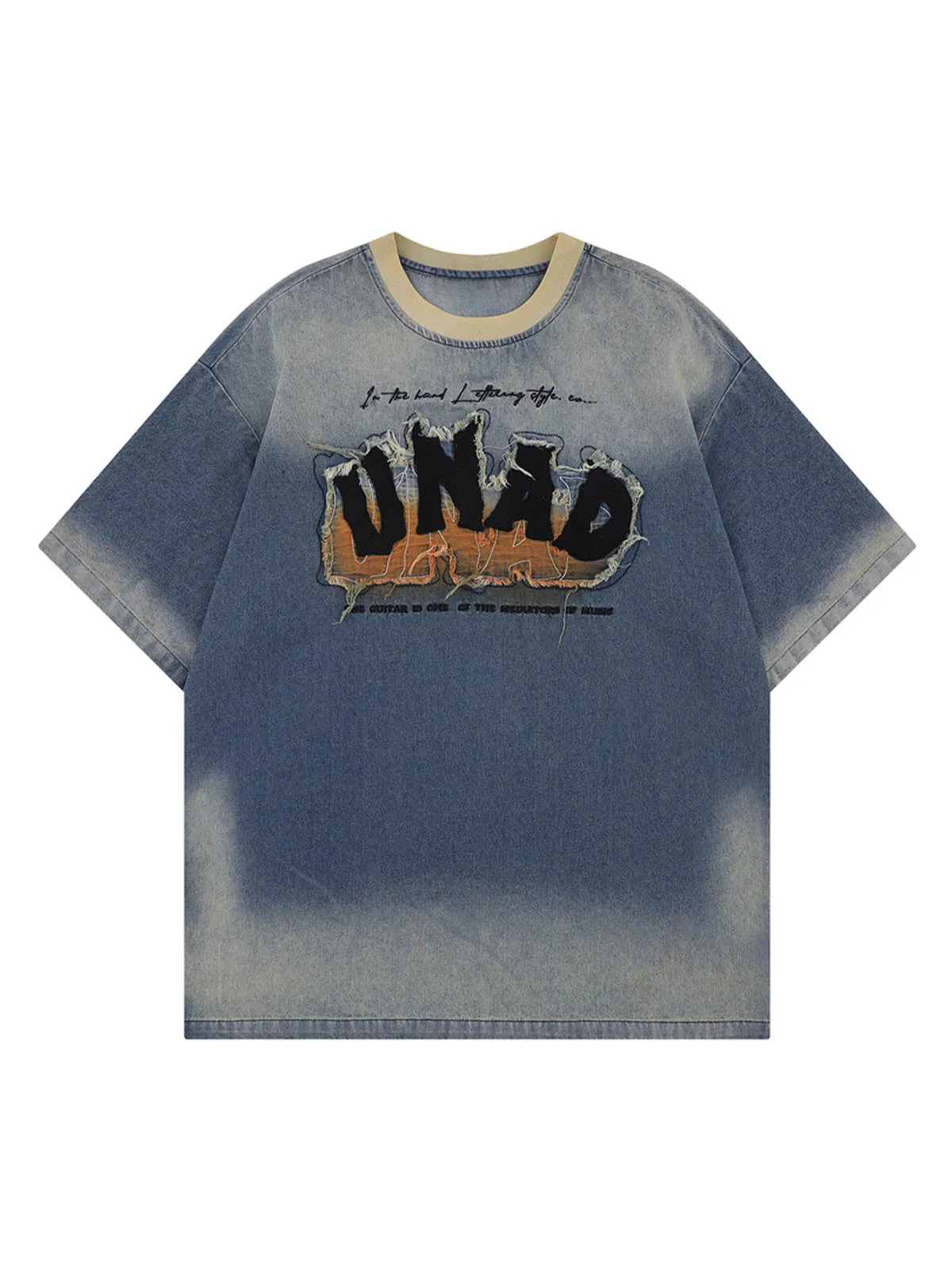 Distressed Washed Patchwork Gradient Denim T-shirt sold by Thesupermade