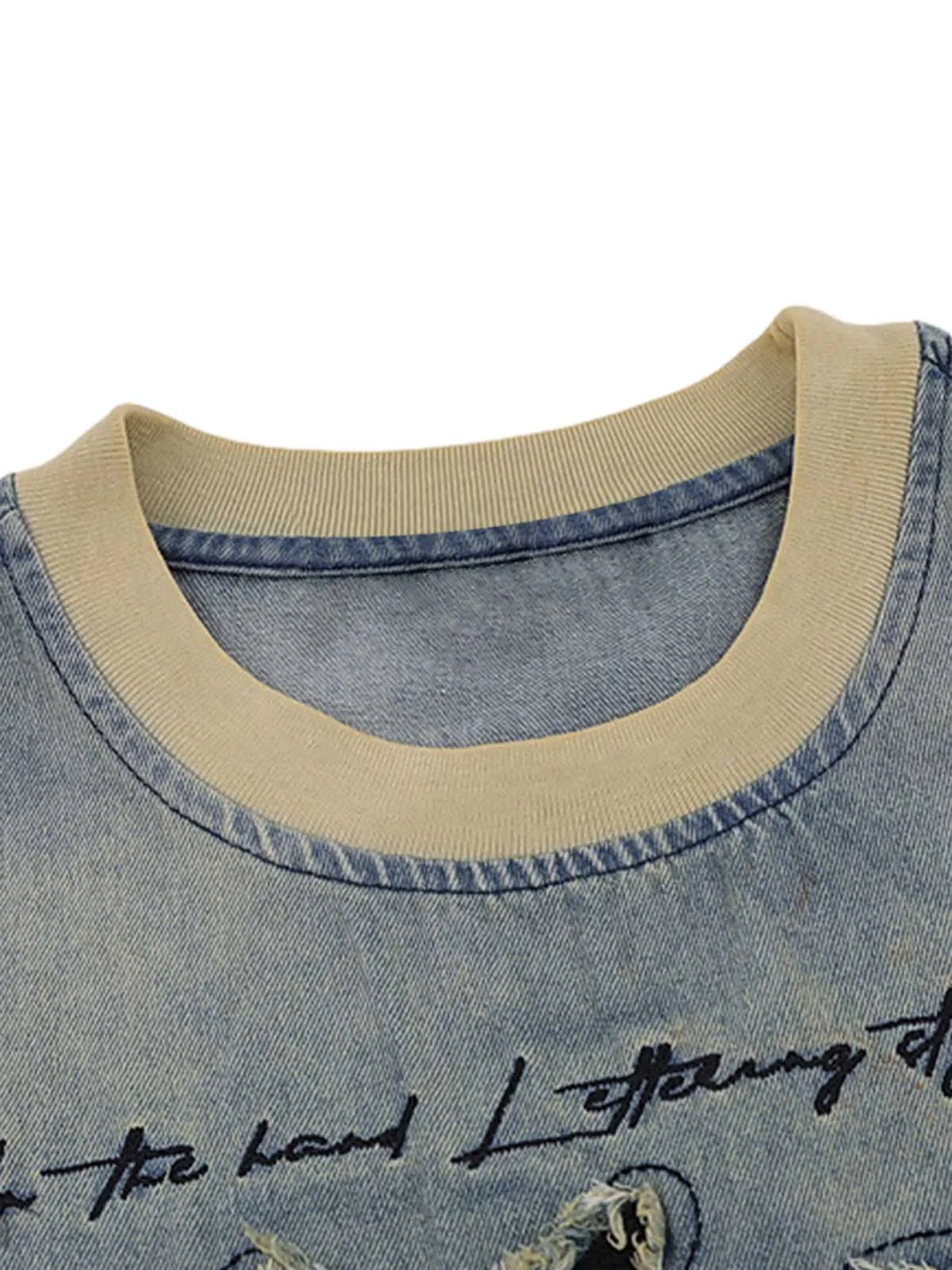 Distressed Washed Patchwork Gradient Denim T-shirt sold by Thesupermade product image thumbnail 3