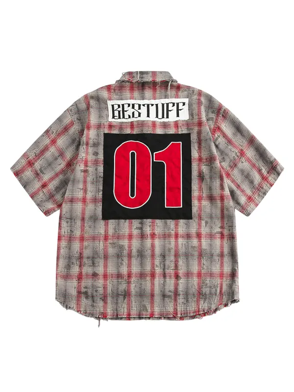 Distressed Patch Plaid Short-Sleeve Shirt sold by Thesupermade