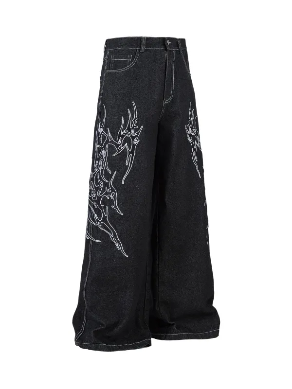 Denim Embroidered Flame Baggy Jeans - 2456 sold by Thesupermade