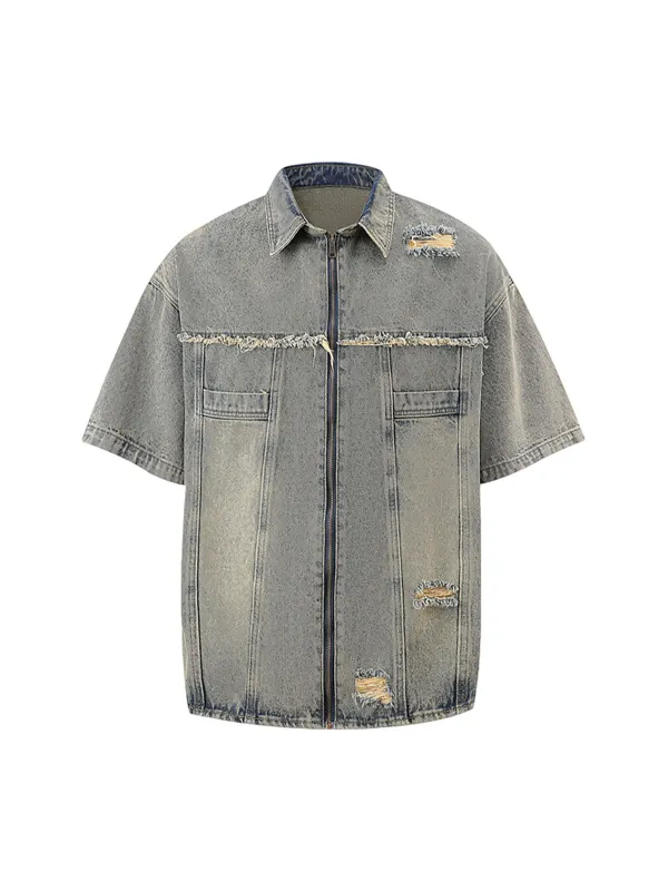 Distressed Short-Sleeve Zip Up Denim Shirt sold by Thesupermade