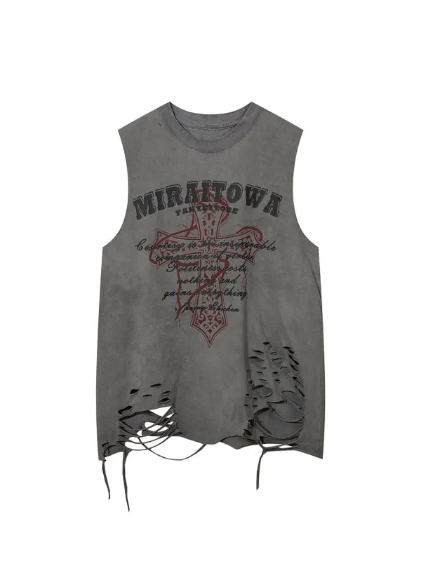 Distressed Ripped Graphic Cross Print Vest sold by Thesupermade