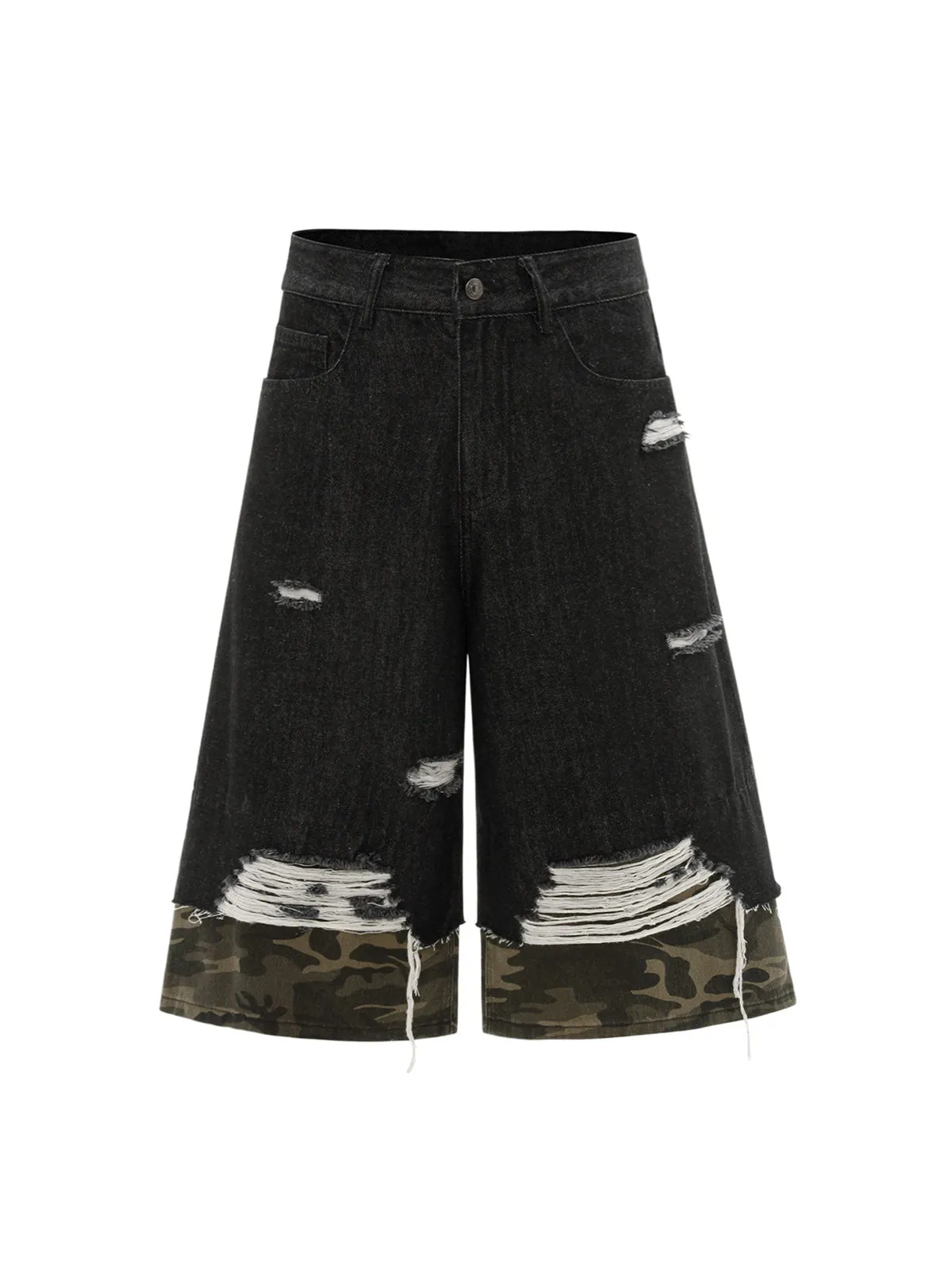 Patchwork Camouflage Ripped Denim Jorts sold by Thesupermade
