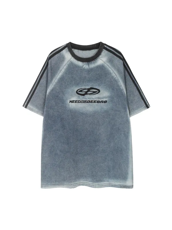 Retro Letter Embroidery Contrast Denim T-shirt sold by Thesupermade