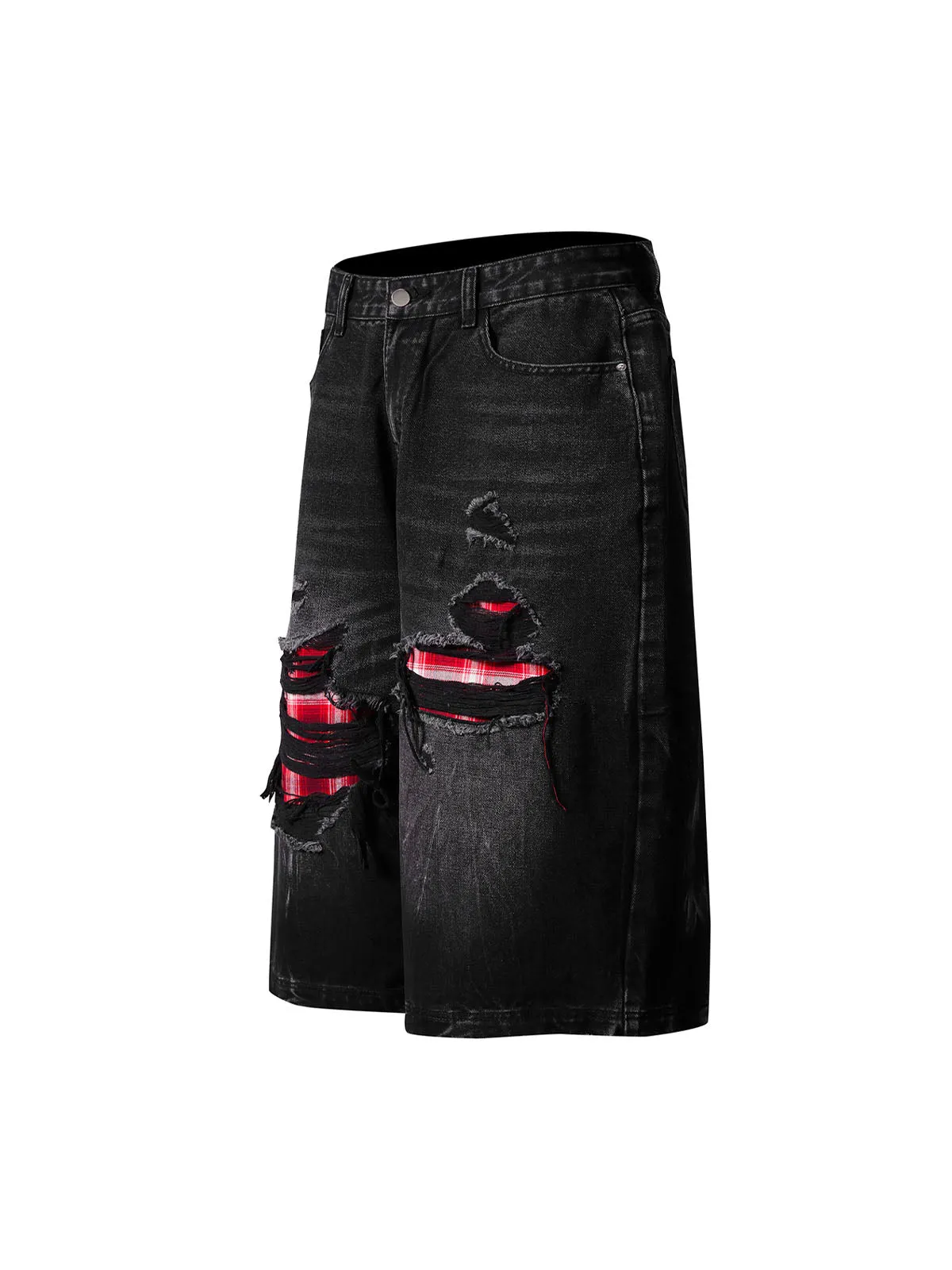 Retro Ripped Contrast Plaid Denim Shorts sold by Thesupermade product image thumbnail 2