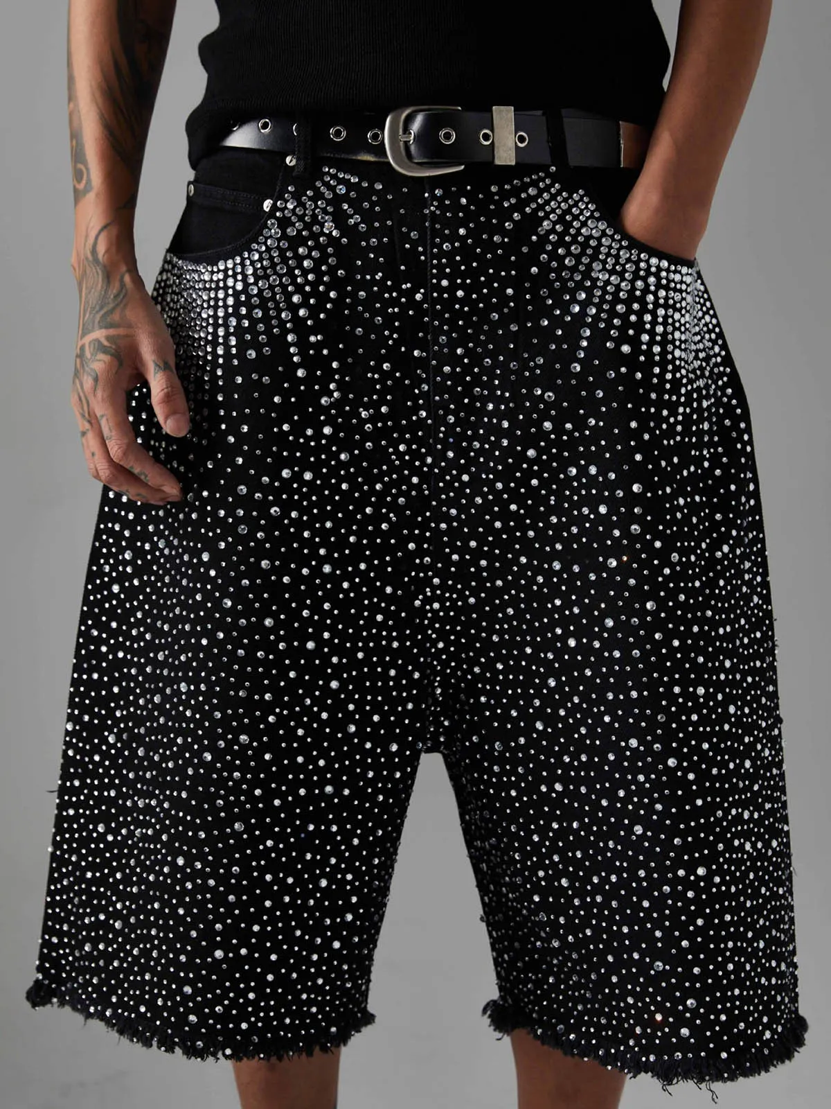 Retro Washed Rhinestone Raw Edge Denim Shorts - 2419 sold by Thesupermade product image thumbnail 4