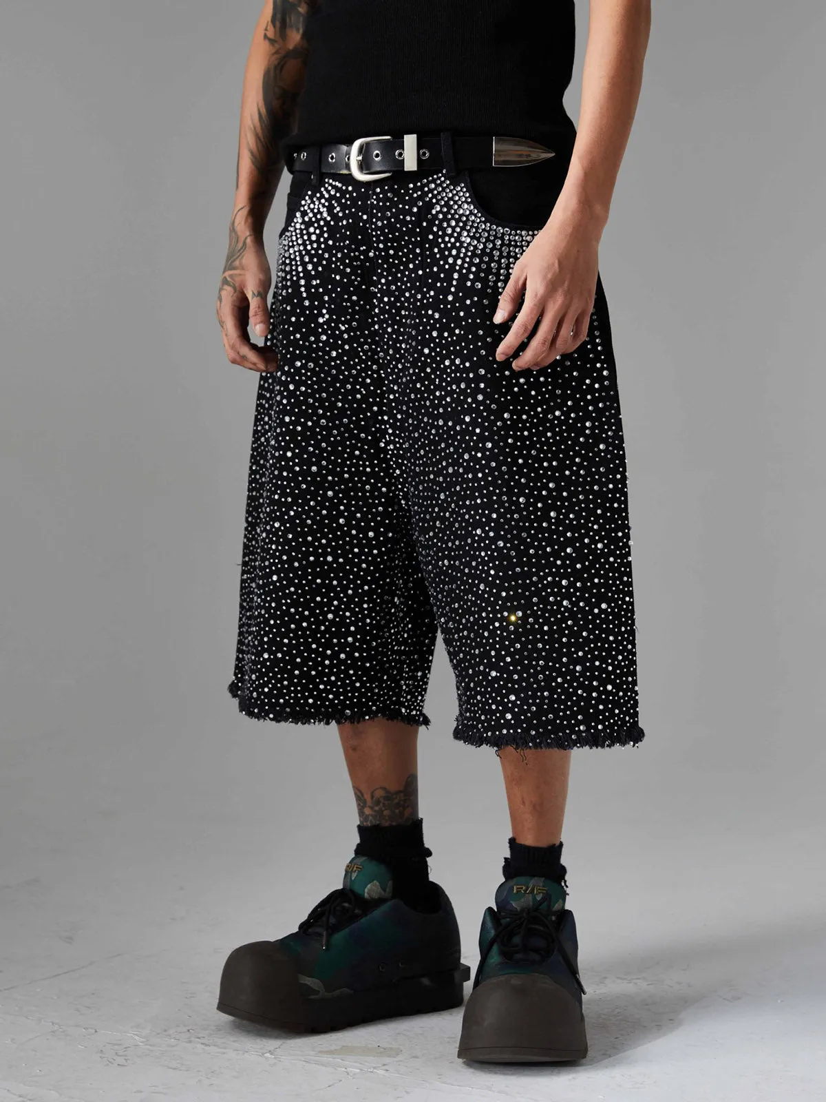 Retro Washed Rhinestone Raw Edge Denim Shorts - 2419 sold by Thesupermade product image thumbnail 2