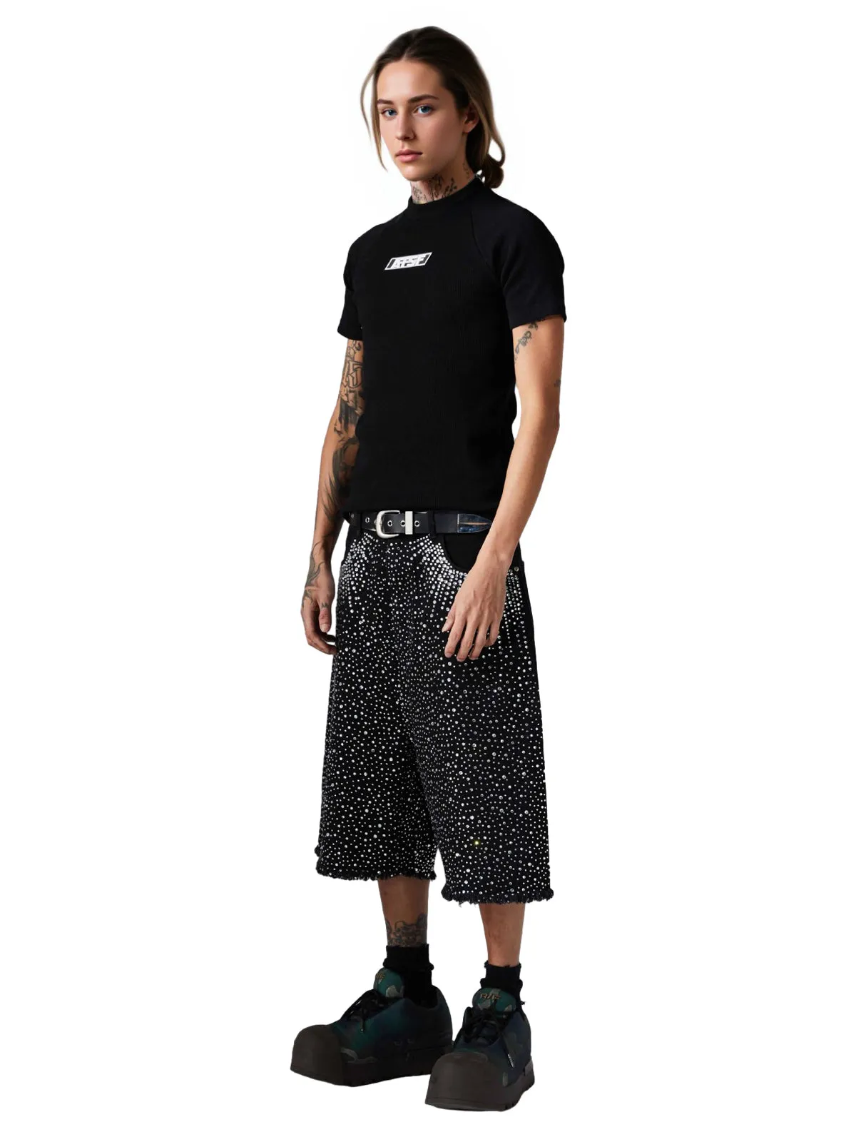 Retro Washed Rhinestone Raw Edge Denim Shorts - 2419 sold by Thesupermade product image thumbnail 3