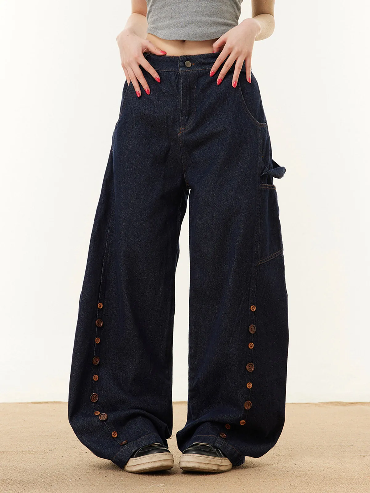Button Embroidered Barrel Jeans sold by Thesupermade product image thumbnail 4