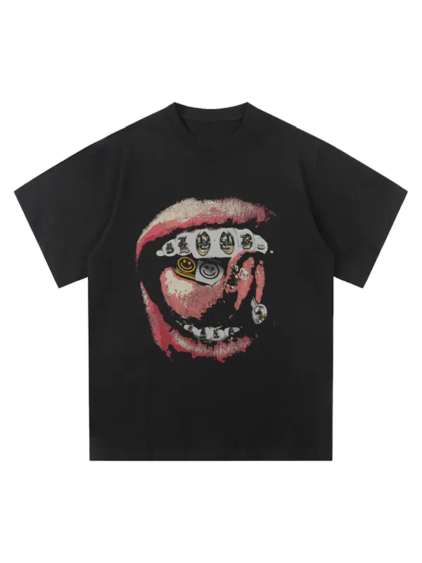 Street Retro Washed Lip Print T-shirt sold by Thesupermade