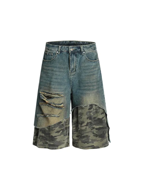 Distressed Camouflage Hem Denim Shorts - 2433 sold by Thesupermade
