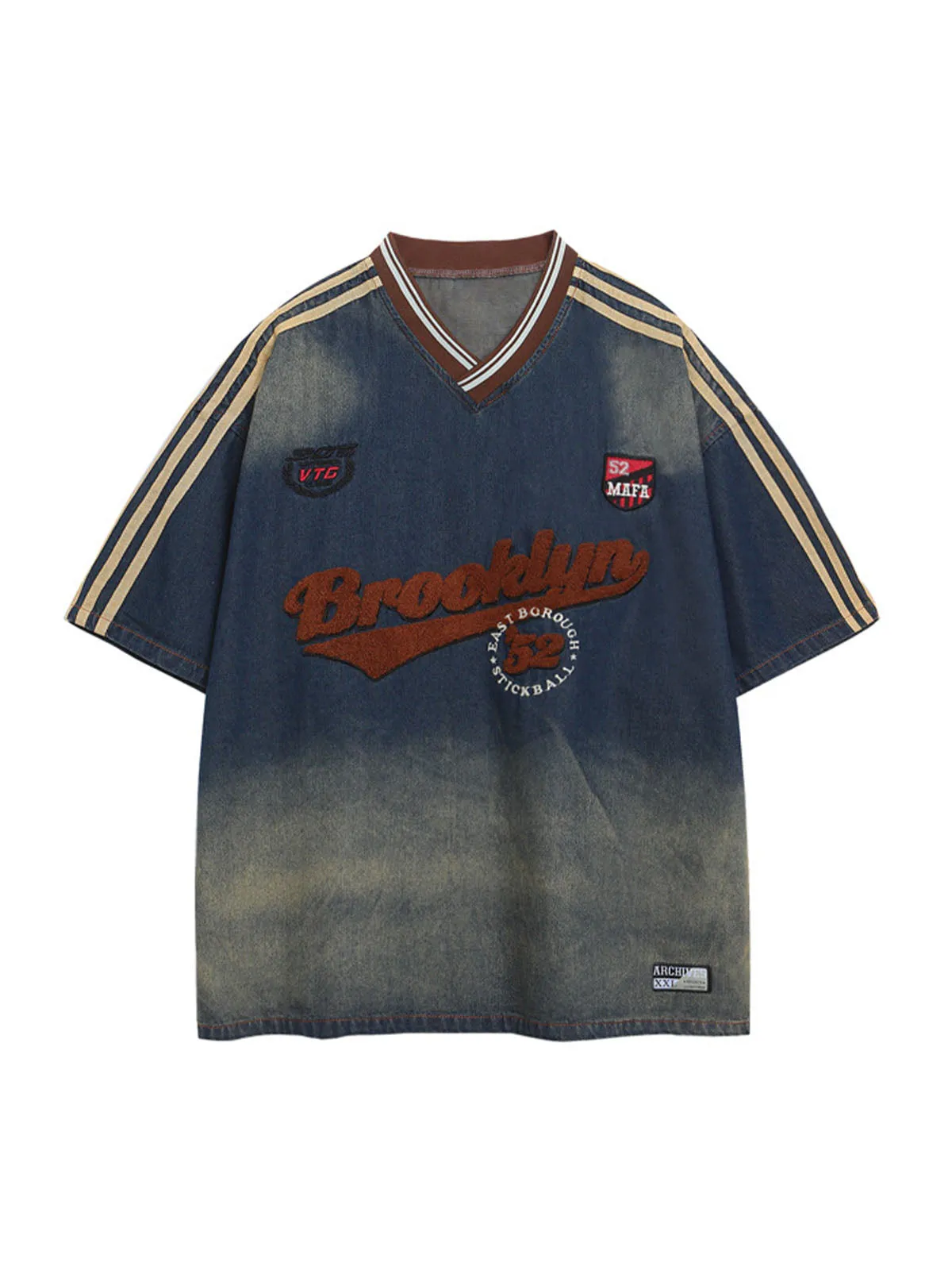 Denim Vintage Washed Distressed Gradient Embroidery T-Shirt sold by Thesupermade