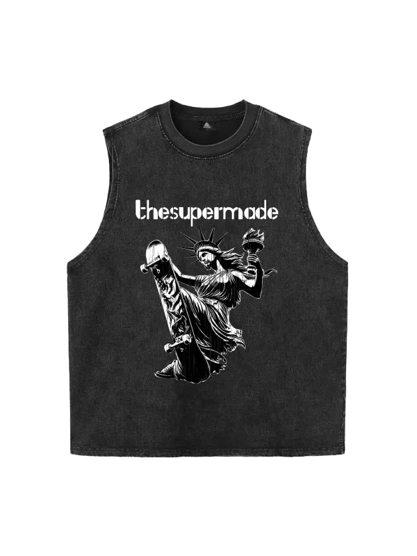 Original Funny Statue of Liberty Print Sleeveless Denim Vest sold by Thesupermade