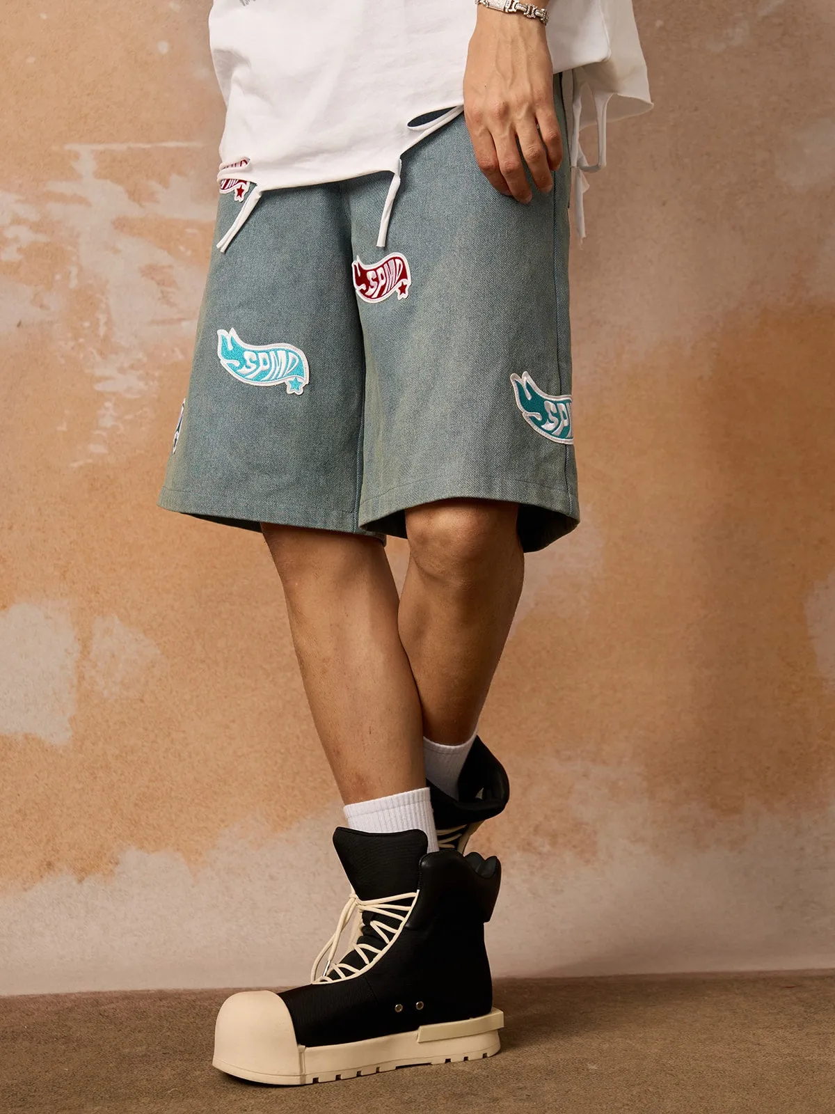 Original Street Embroidered Patch Denim Shorts sold by Thesupermade product image thumbnail 3