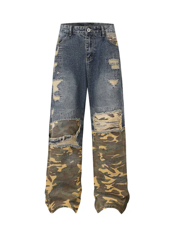 Distressed Camouflage Patchwork Jeans sold by Thesupermade
