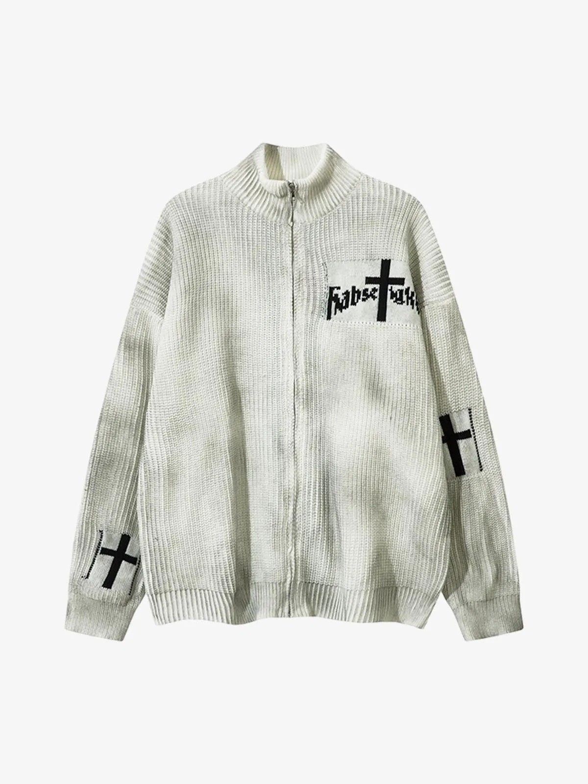 Ribbed Knit Dirty Dyed Embroidery Cross Sweater - 2465 sold by Thesupermade