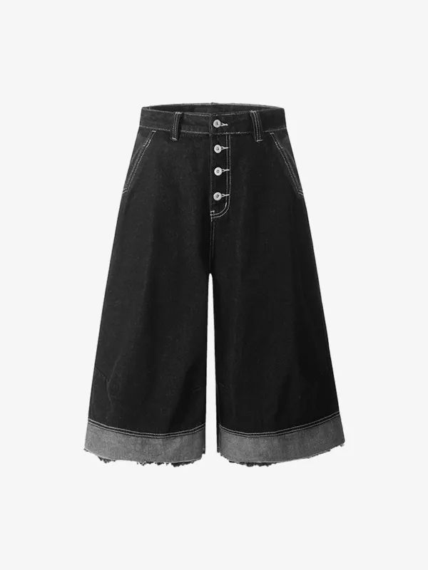 Retro Black Multi-pocket Exposed Raw Edge Cropped Jeans sold by Thesupermade
