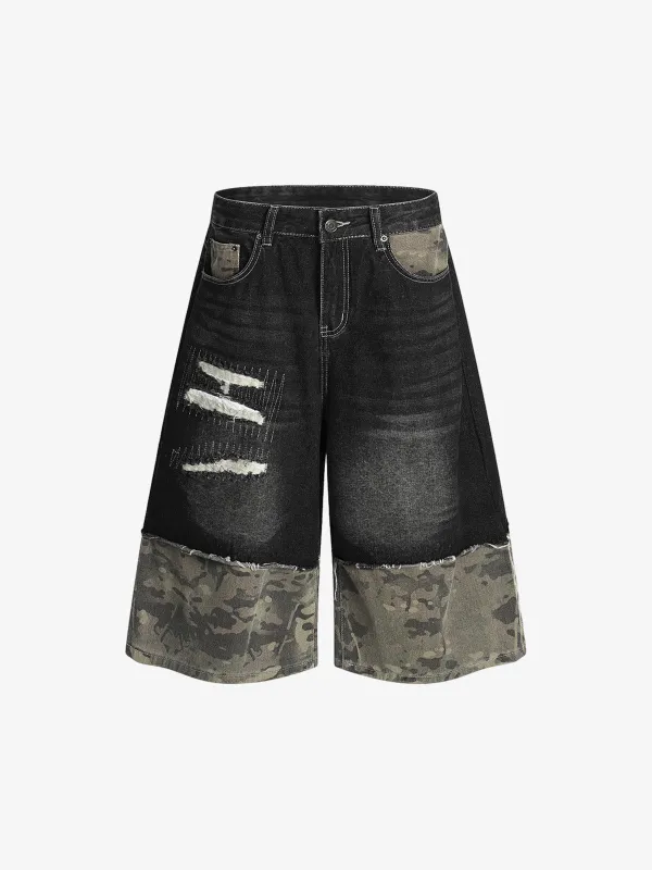 Camouflage Hem Patchwork Denim Shorts sold by Thesupermade