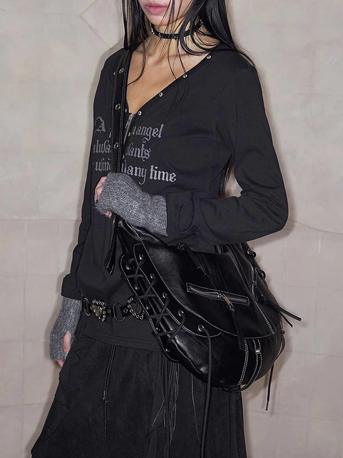 Lace-Up Punk Motorcycle Metal Zipper Tote Bag sold by Thesupermade product image thumbnail 2