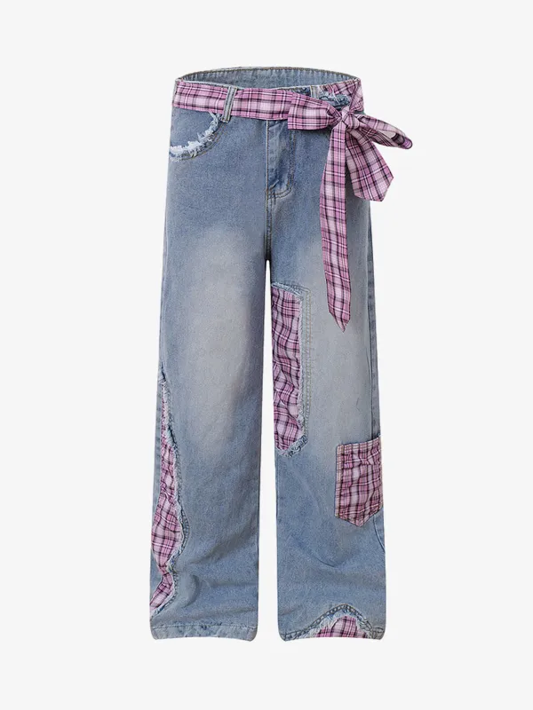 Street Ripped Plaid Bow Jeans sold by Thesupermade