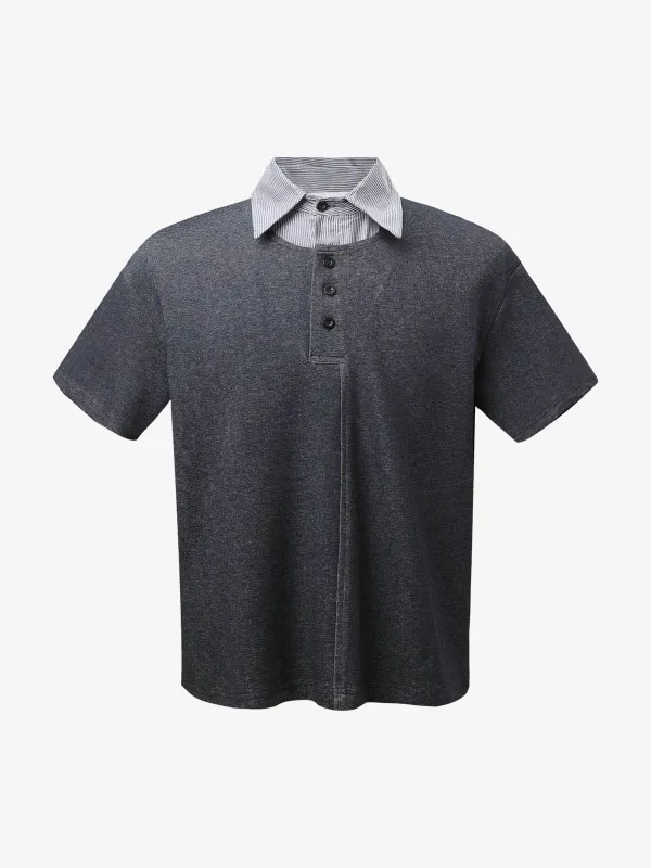 Retro Deconstructed Patchwork Striped Lapel T-Shirt sold by Thesupermade