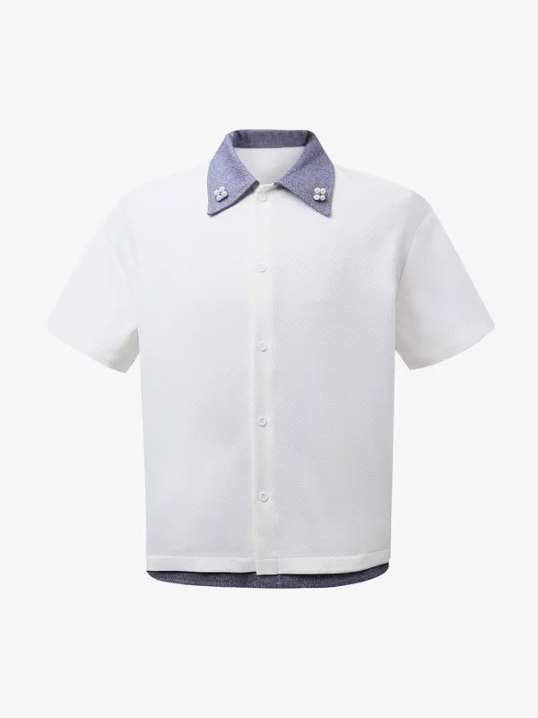 Fake Two-piece Stitching Lapel Pearl Button Shirt sold by Thesupermade