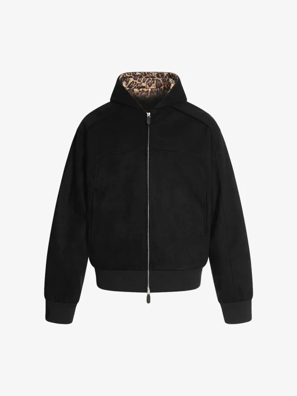 Suede Leopard-Trimmed Paneled Bomber Jacket sold by Thesupermade