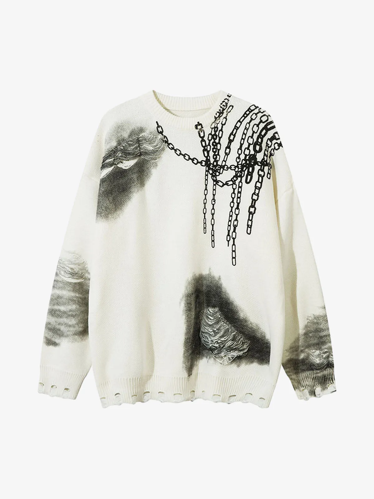 Chain Jacquard Spray-Painted Hole Round Neck Sweater sold by Thesupermade