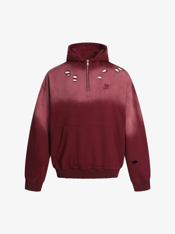 Street Distressed Half-Zip Ripped Hoodie sold by Thesupermade