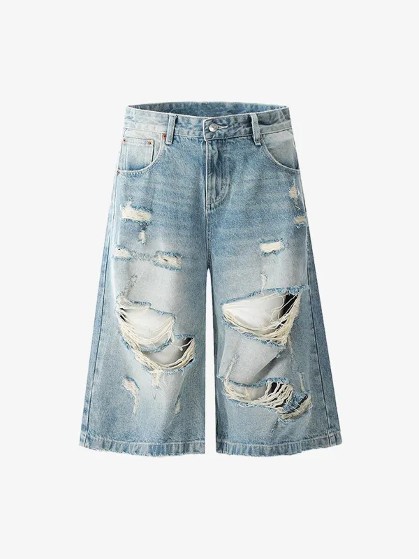 Street Retro Washed Distressed Ripped Denim Shorts sold by Thesupermade