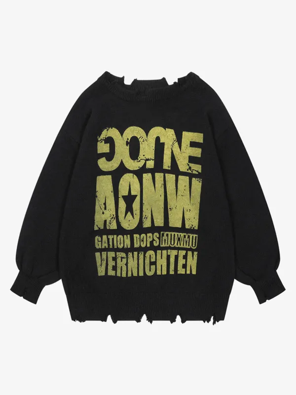 Letter Print Ripped Crew Neck Sweater sold by Thesupermade