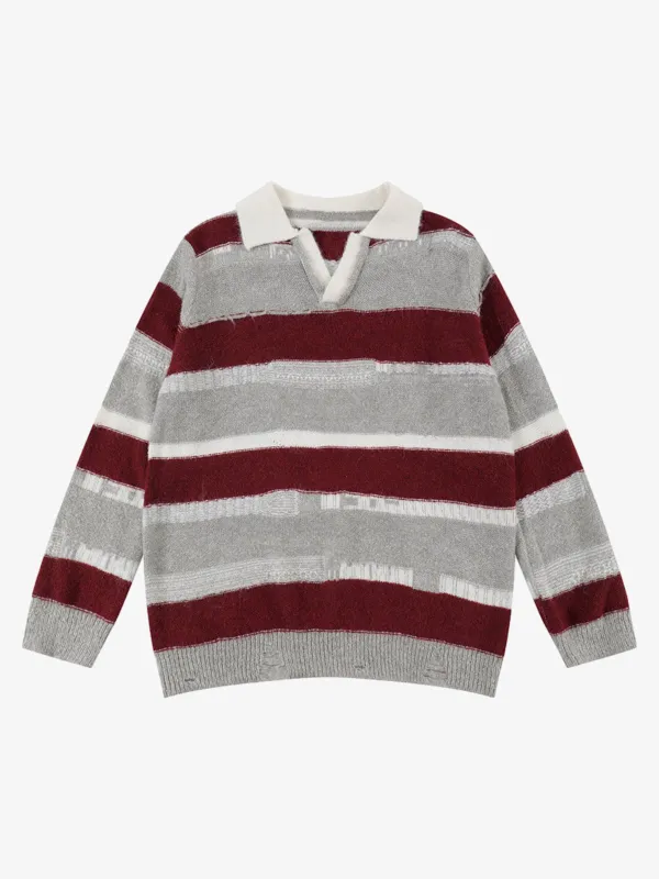 Contrast Striped Ripped Hook POLO Sweater sold by Thesupermade