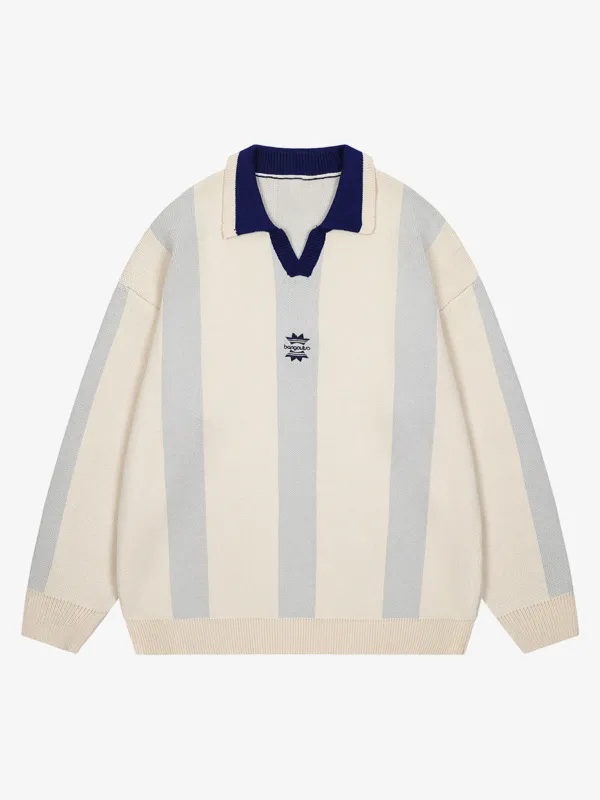 Vertical Striped Colorblock Lapel Sweater sold by Thesupermade