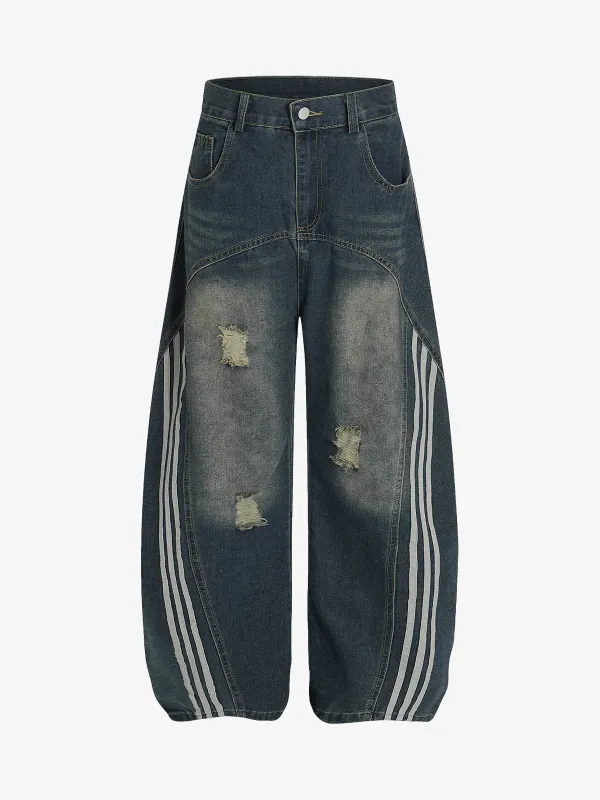 Retro Washed Striped Patchwork Barrel Jeans sold by Thesupermade