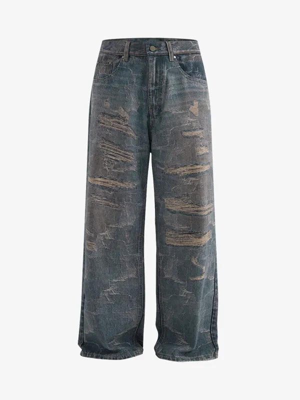 Washed Ripple 3D Print Loose Wide-Leg Jeans sold by Thesupermade