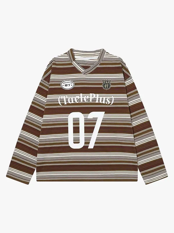 Letter Badge Number Print Striped Long Sleeve T-Shirt sold by Thesupermade
