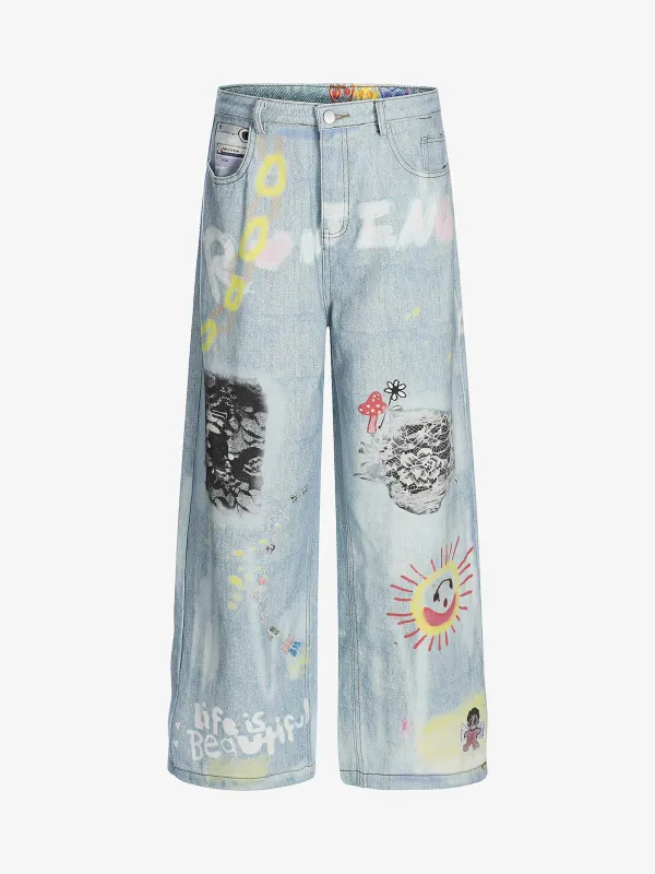 Retro Spray Graffiti Fun Straight Jeans - 2448 sold by Thesupermade