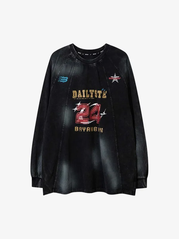 Letter Print Dirty Ink Round Neck Long Sleeve T-Shirt sold by Thesupermade