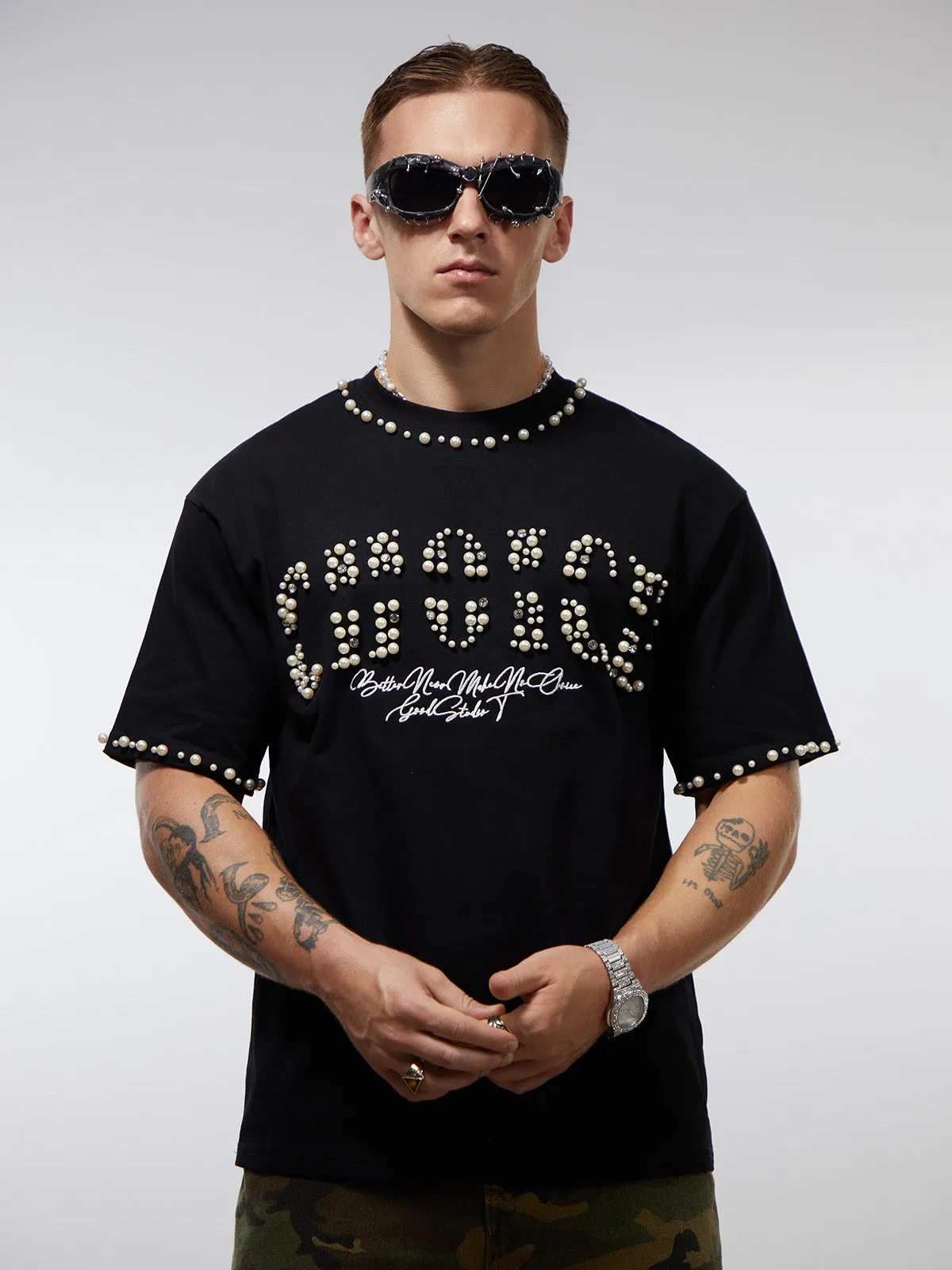 Elegant Pearl-Embellished Oversized T-Shirt sold by Thesupermade