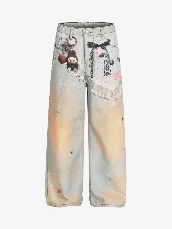 Retro 3D Fun Doll Print Washed Baggy Jeans sold by Thesupermade