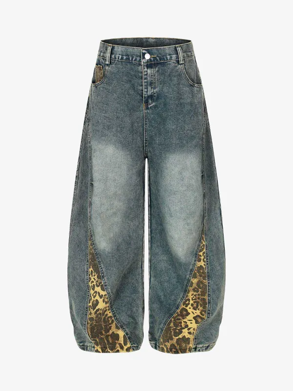 Leopard Print Paneled Loose-Fitting Scimitar Jeans sold by Thesupermade