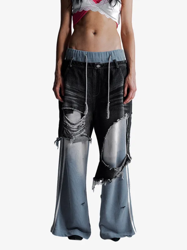 Double-Waistband Denim Patchwork Ripped Casual Pants sold by Thesupermade