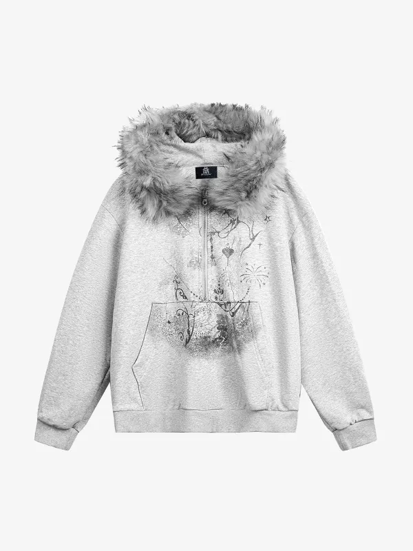 Detachable Fur Collar Half-Zip Printed Hooded Cardigan Sweatshirt sold by Thesupermade