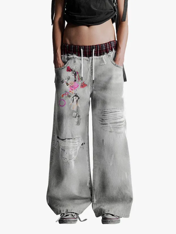 Waistband Patch Drawstring Jeans sold by Thesupermade