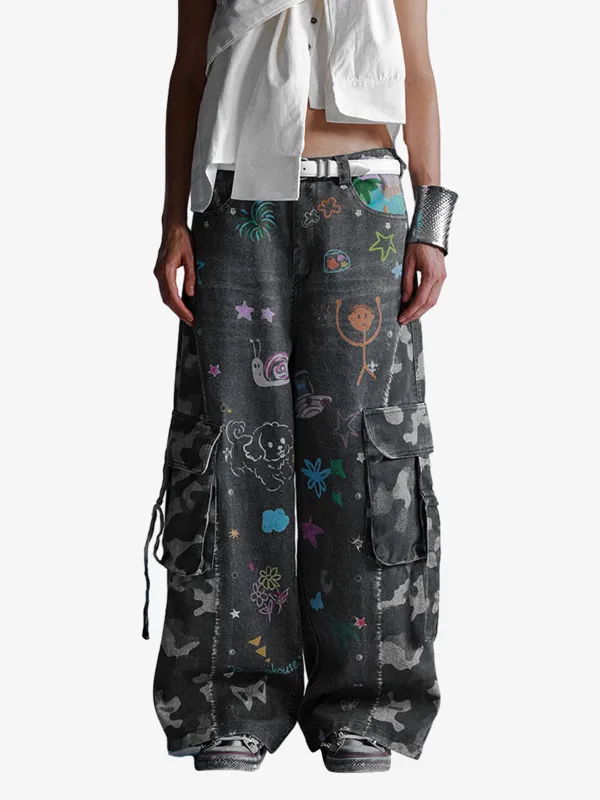 Graffiti Print Cold Transfer Camouflage Layered Cargo Jeans sold by Thesupermade