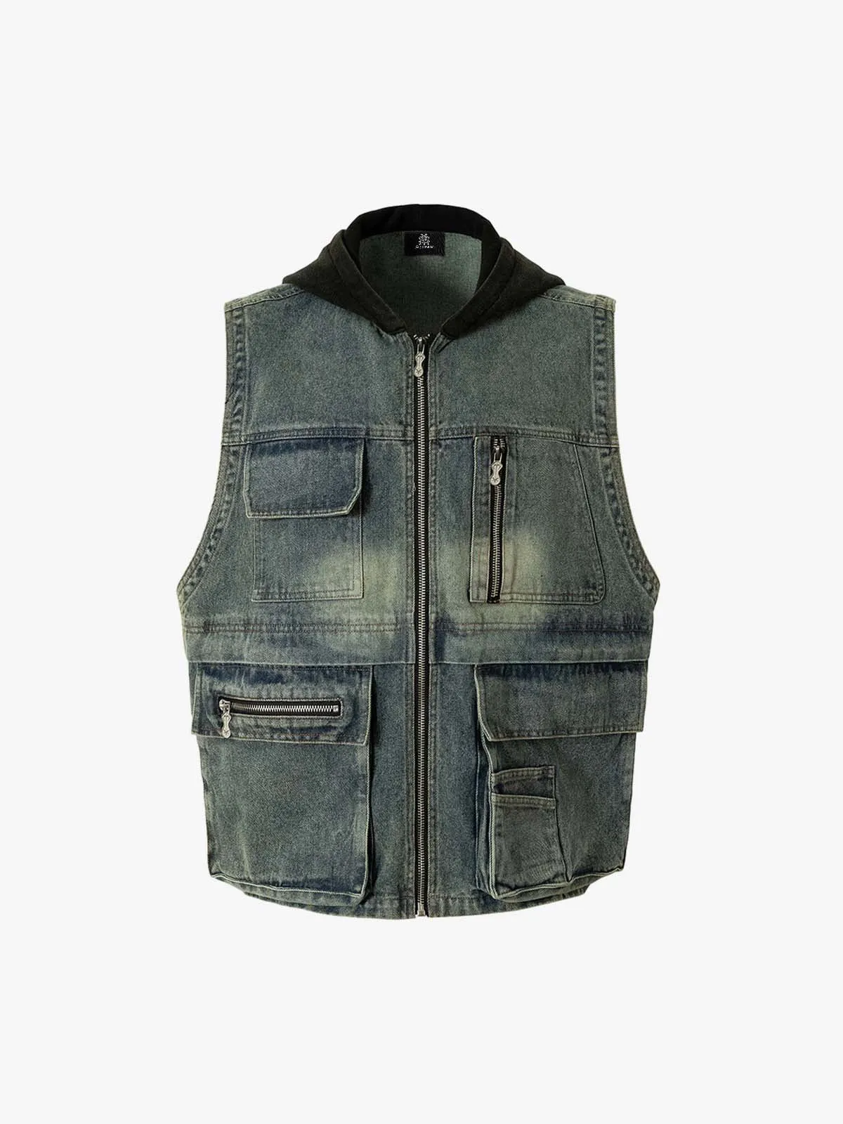 Functional Multi-Pocket Hooded Denim Vest sold by Thesupermade