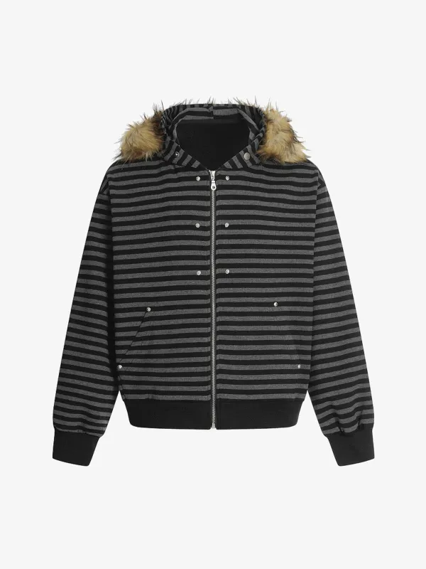 Detachable Fur Collar Striped Hooded Sweatshirt sold by Thesupermade