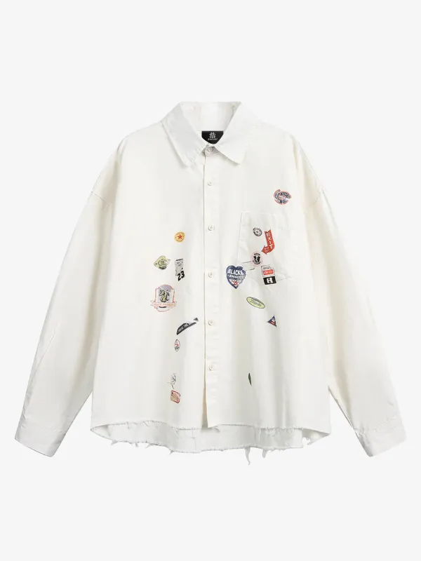 Fun Distressed Raw-Edge Printed Long-Sleeved Shirt sold by Thesupermade