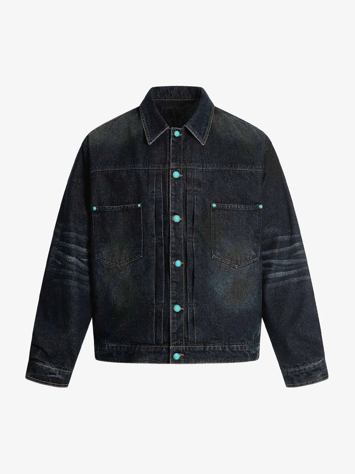 Retro Street Turquoise Button Distressed Denim Jacket sold by Thesupermade