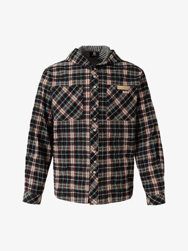 Retro Plaid Patchwork Hooded Work Shirt sold by Thesupermade